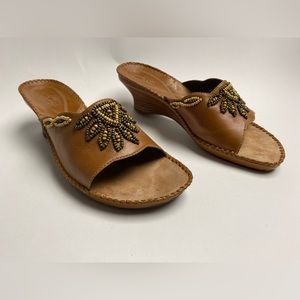 Clarks Womens LEATHER SANDALS Color Brown Slip-On Wedge 10M .